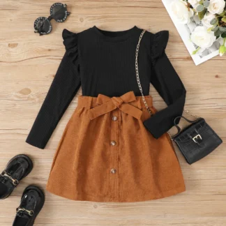 2PCS Kid Girl Solid Color Flutter Sleeve Fashionable Skirt Set