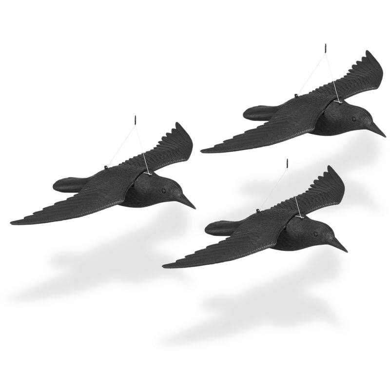 Relaxdays Bird Deterrent, Flying Crow, 3x Set, Hang Up in Garden, Plastic Decoy, Balcony, Pigeon Repellent, Black