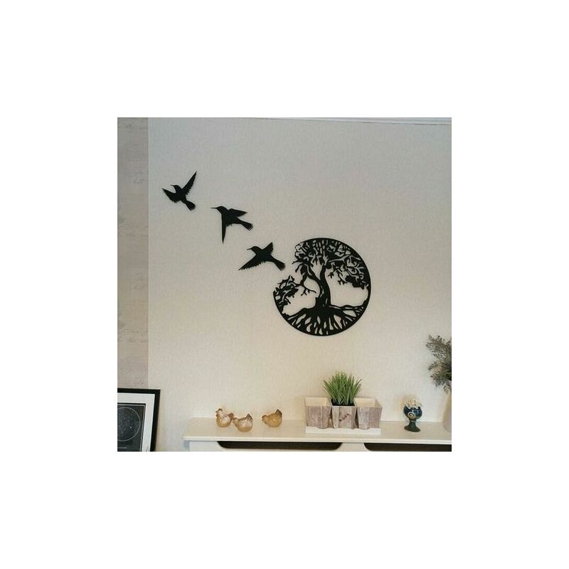 Rose - 11.8 Metal Black Tree of Life Wall Art - 3 Flying Birds Wall Sculpture - Indoor and Outdoor Bedroom Decor, Modern Round Wall Decor