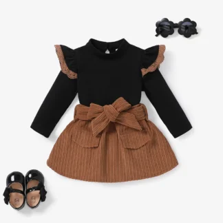 Baby Girl Clohes 2PCS Solid Color Long Sleeve Lace Top/Belt Dress Set