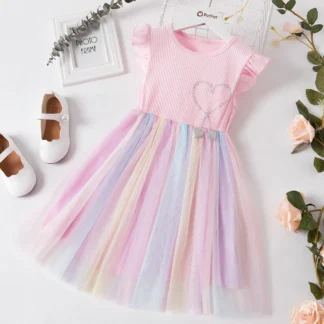 Kid Girl Princess Flutter-sleeve Heart Rainbow Mesh Fairy Dress