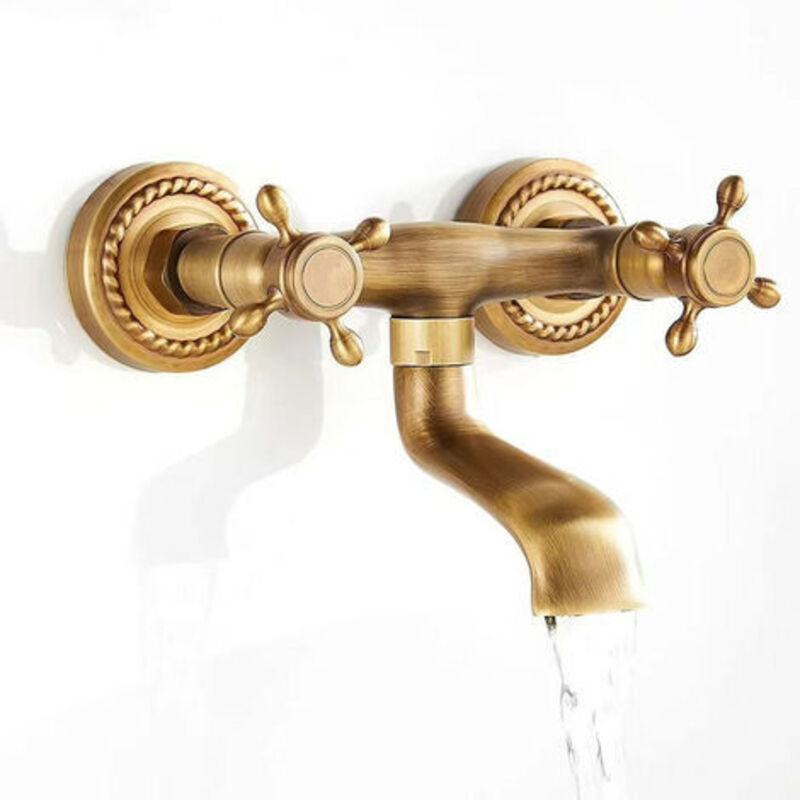 360° Swivel Kitchen Faucet, Vintage Wall Mount, Brass, with Hot and Cold Water, Sink Mixer with Dual Control, Plum Flying Cross