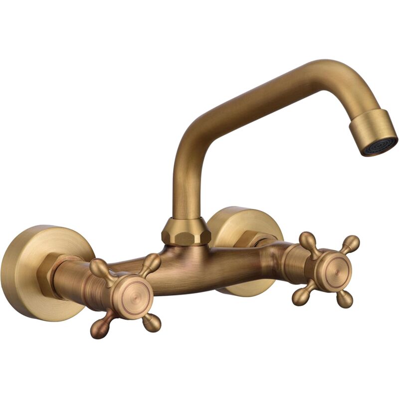 360° Swivel Kitchen Faucet, Vintage Wall Mount, Brass, with Hot and Cold Water, Sink Mixer with Dual Control, Plum Flying Cross