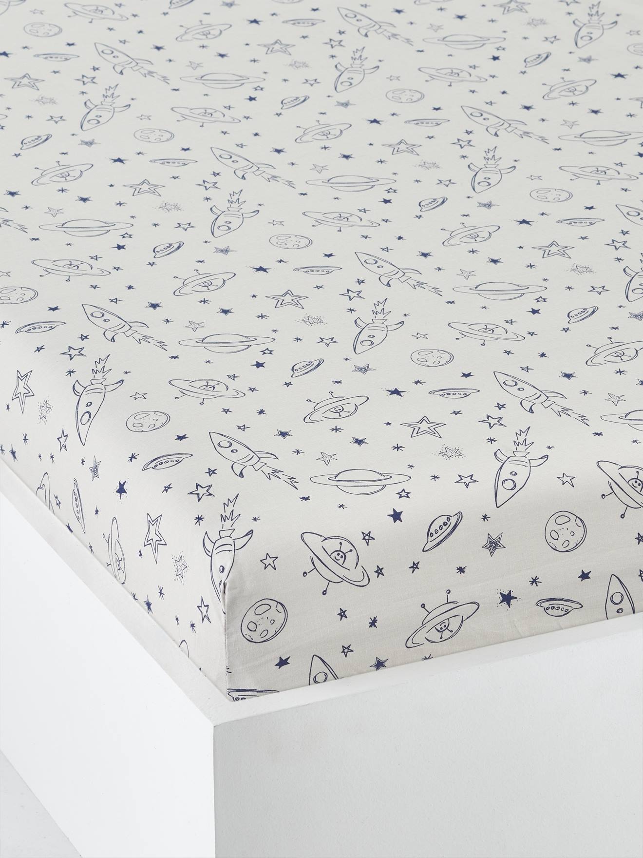 Fitted Sheet for Children, Planets Theme light grey/print